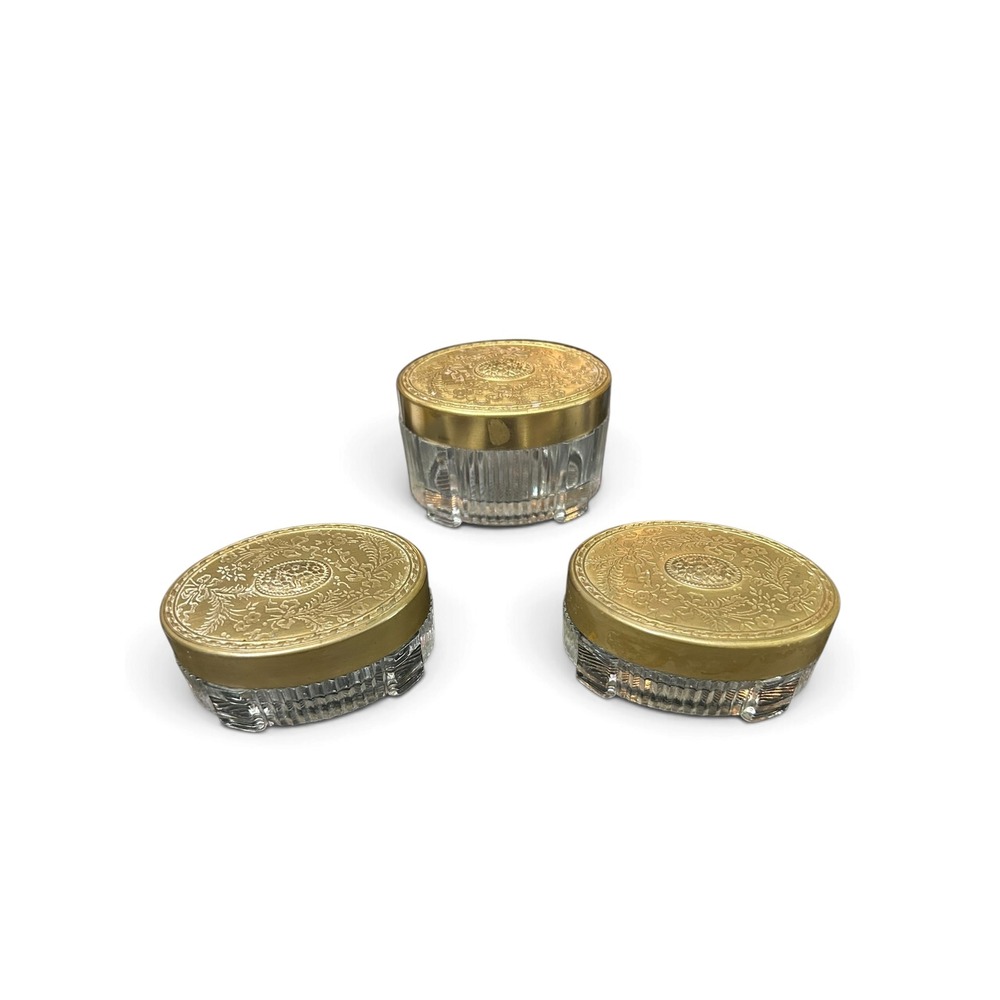 Vintage Art Deco Oval Glass Vanity Jars Set of 3 Brass Floral Embossed Lids